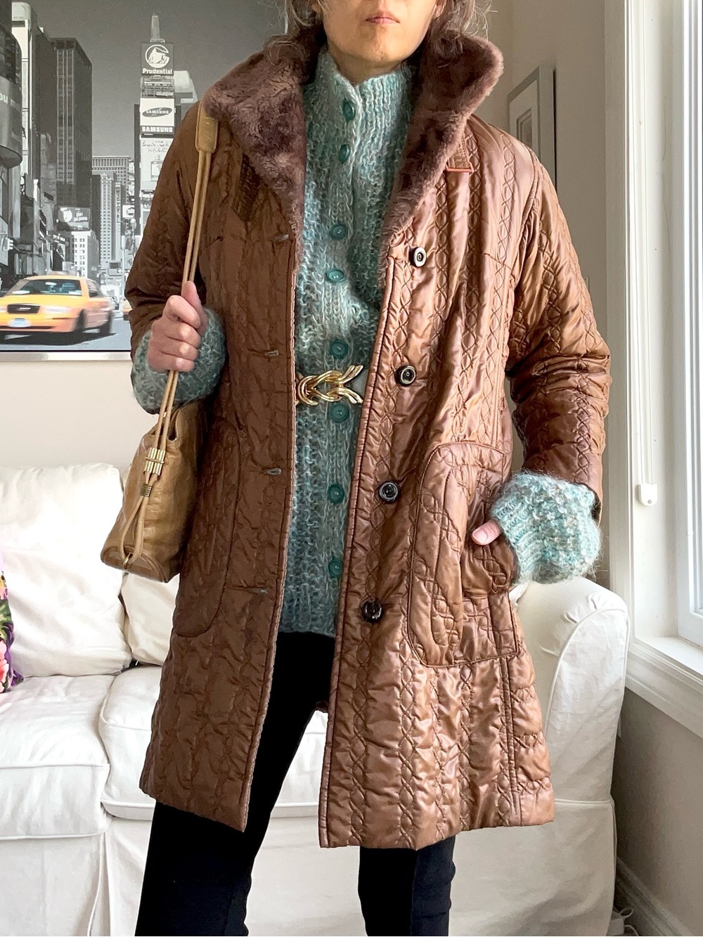 Caramel quilted padded jacket with faux fur collar